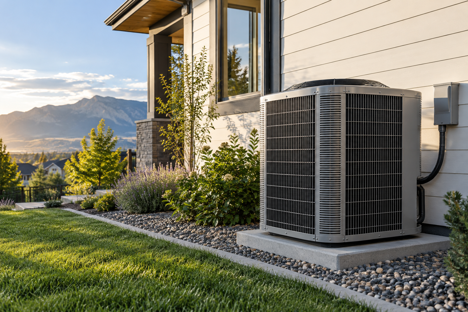 Outdoor air conditioning unit beside a modern residential home